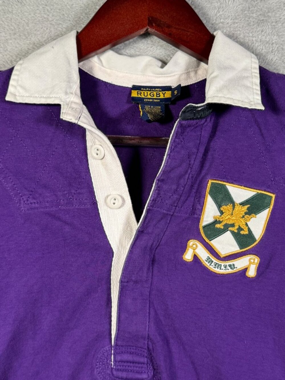 Ralph Lauren Rugby Shirt Womens S Purple Long Sleeve Crest Patch Stretch